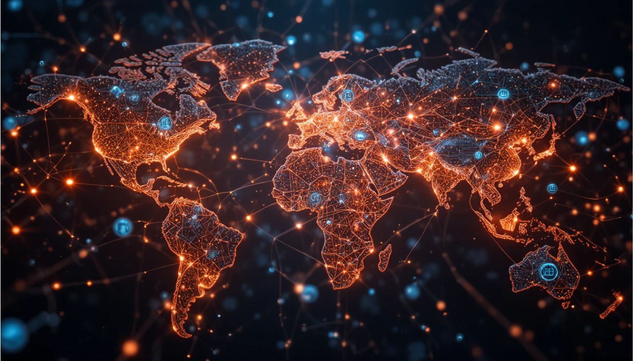 Global mesh of connected data centers symbolizing AI, IoT, and 5G network trends.