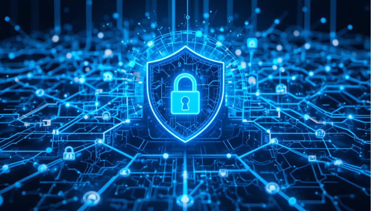 Digital shield protecting network grid symbolizing cybersecurity and zero-trust architecture.