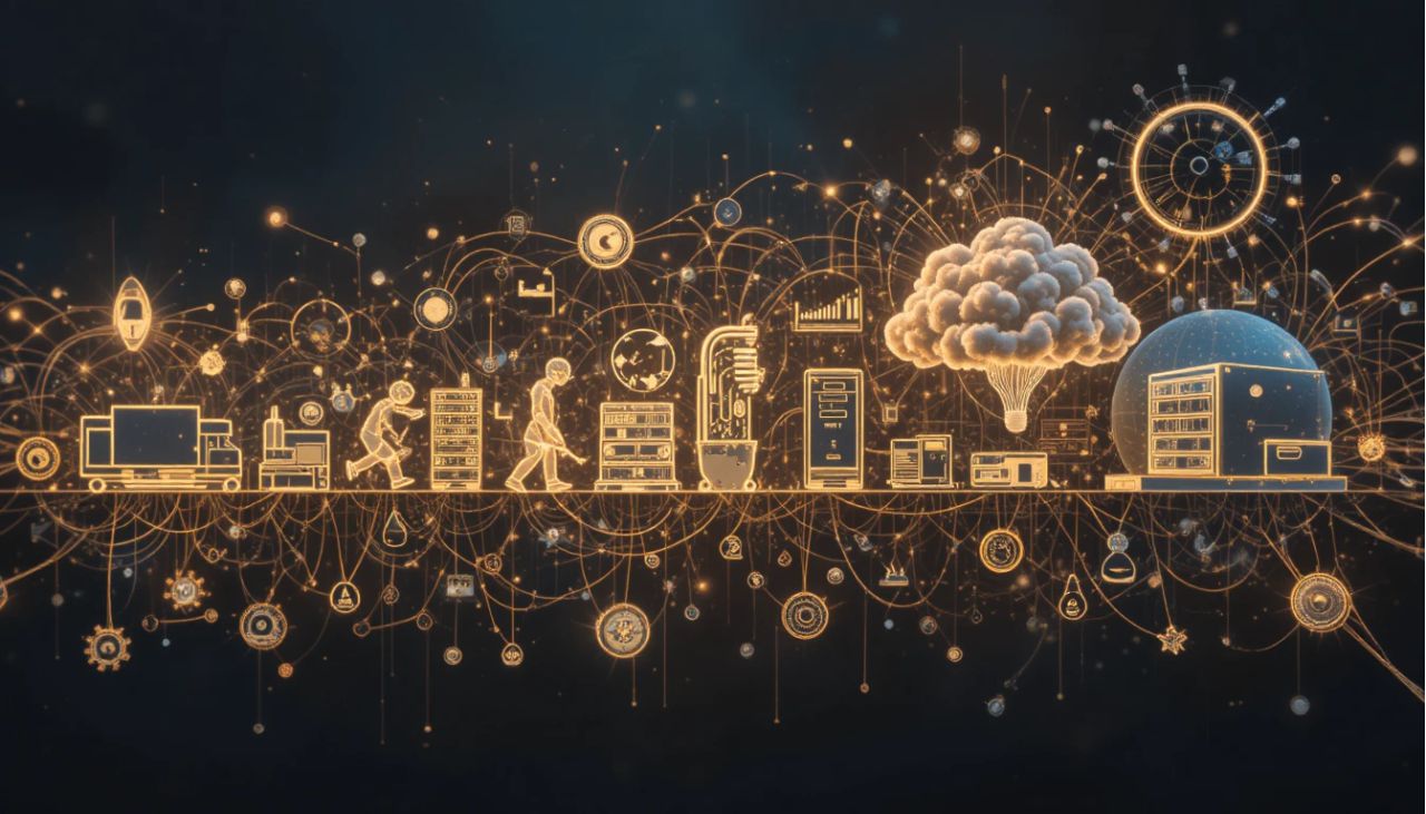 Timeline showing evolution from traditional wired networks to smart cloud-based infrastructures.