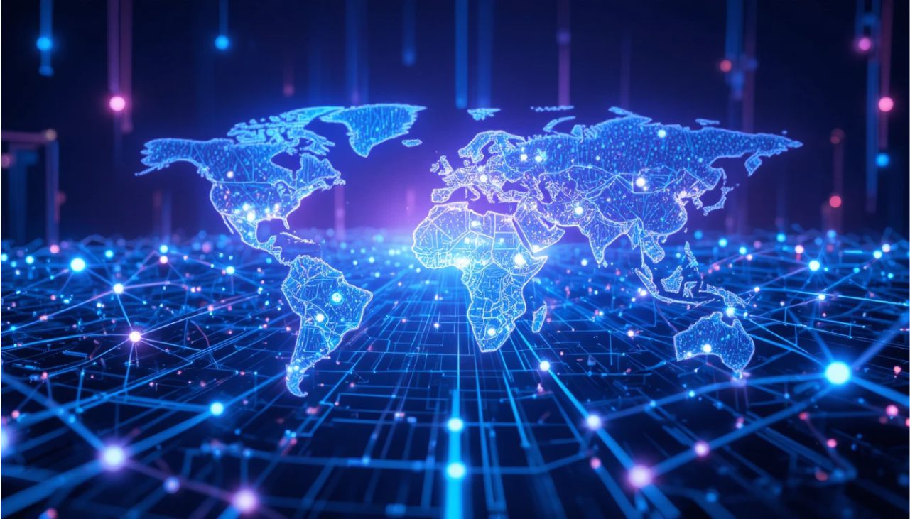 Quantum-inspired global network grid representing AI-native and hyperconnected systems.