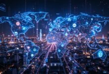 Futuristic digital network topology showing global data connections and AI-powered infrastructure.