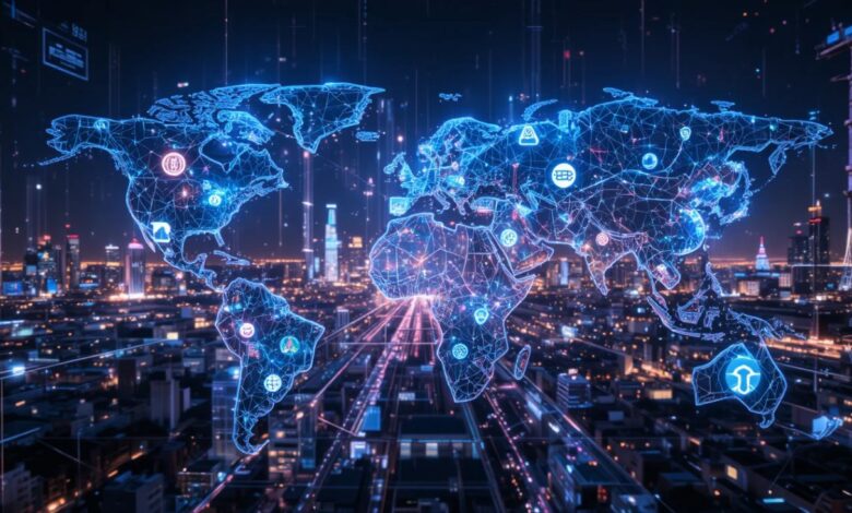 Futuristic digital network topology showing global data connections and AI-powered infrastructure.
