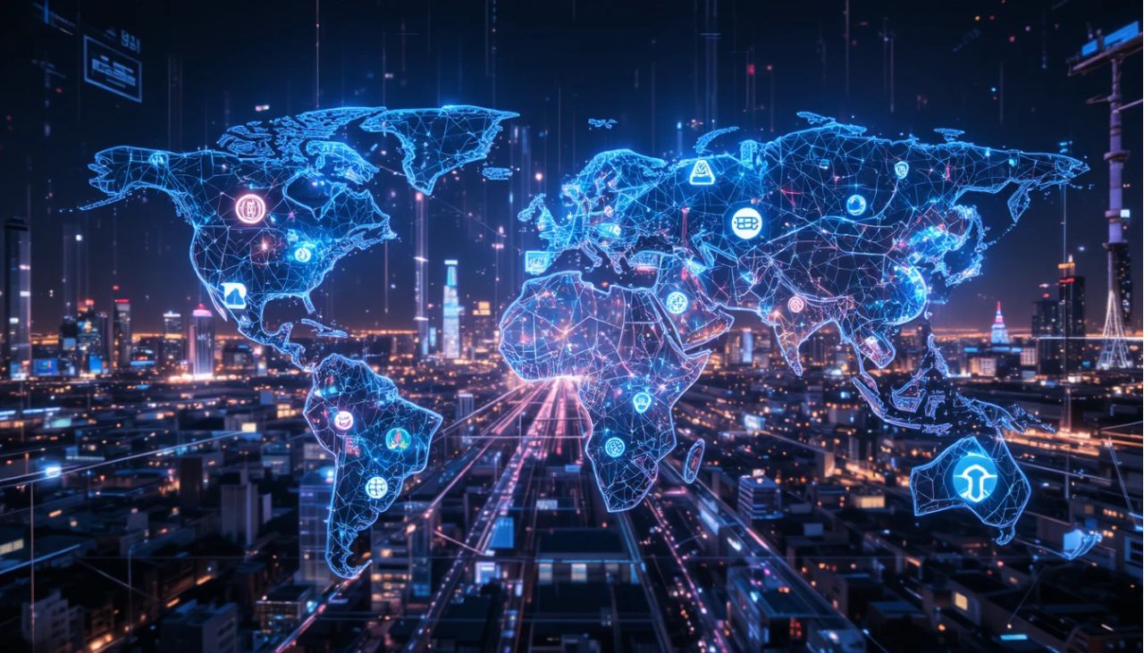 Futuristic digital network topology showing global data connections and AI-powered infrastructure.