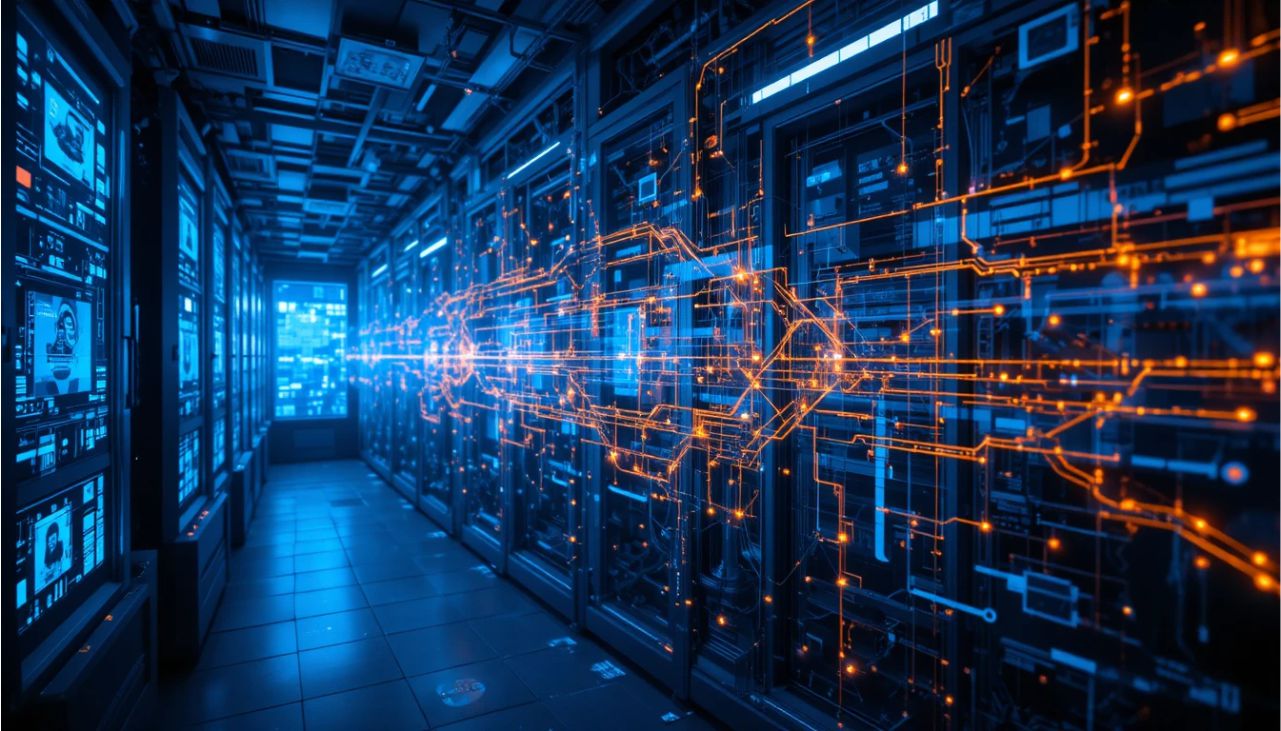 AI-powered network system visualizing automated data flow and intelligent monitoring.