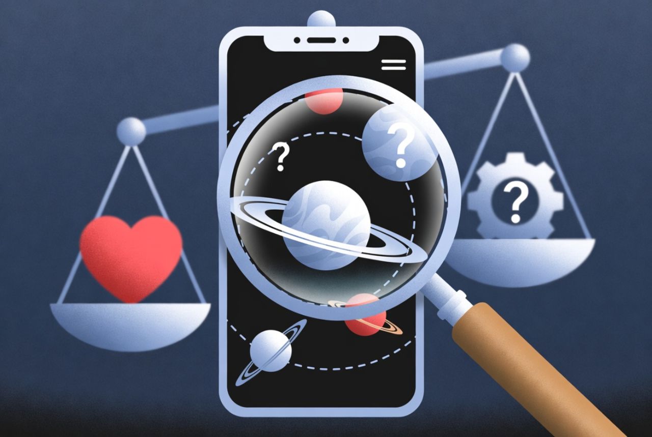 Magnifying glass inspecting Snapchat solar system planets, showing algorithm vs real friendship.