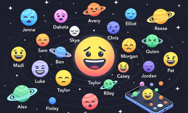 Snapchat solar system with colorful planets and emojis showing friendship rankings on a smartphone screen.