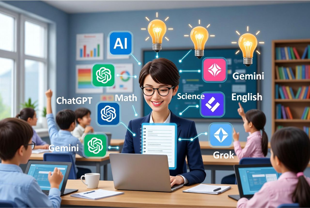 Digital representation of AI prompts generating creative lesson ideas for teachers.