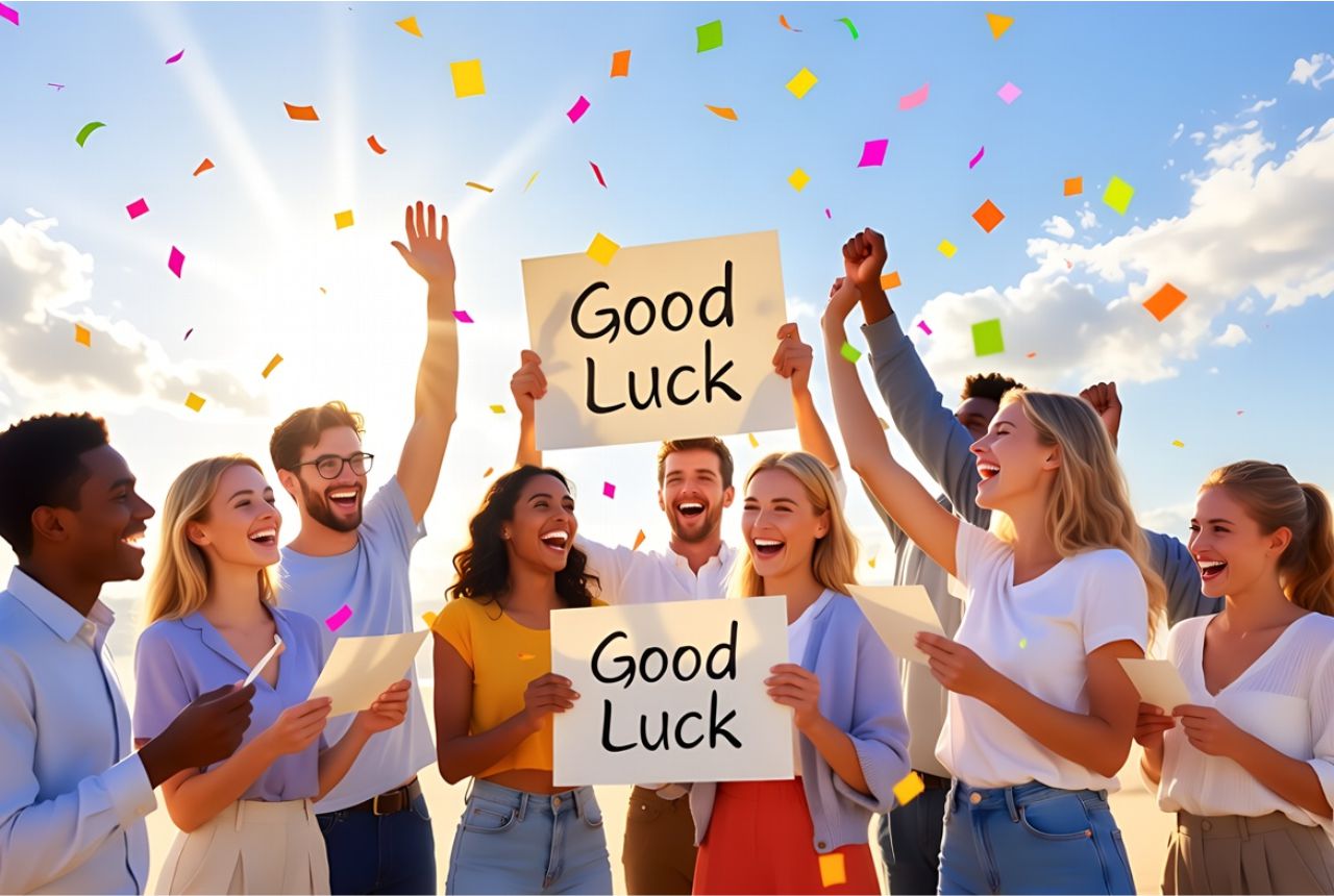 “Diverse group celebrating success with colorful confetti and holding ‘Good Luck’ cards, cheerful and uplifting scene.”
