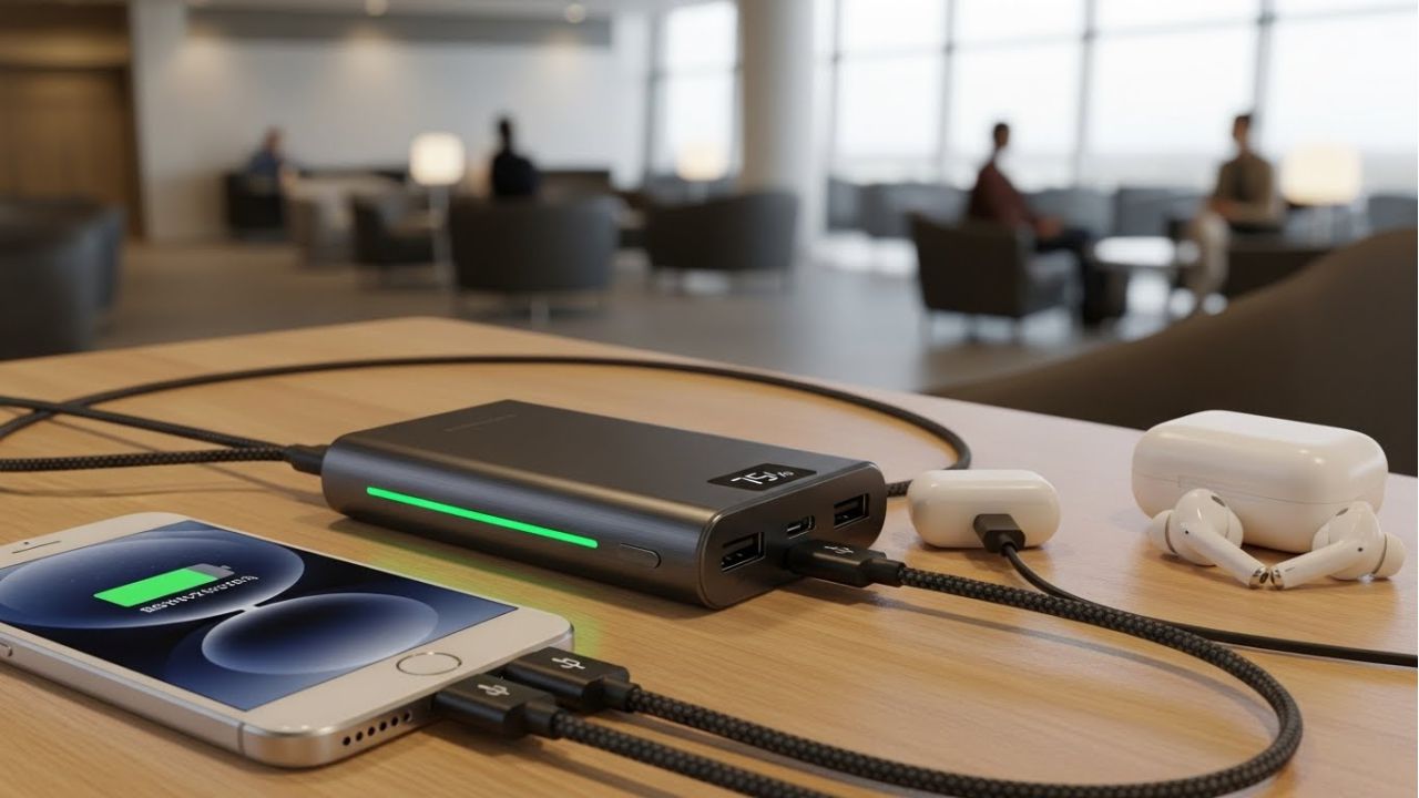 Ultra-compact power bank charging smartphone and earbuds, ideal for travel.