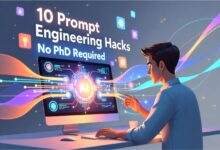 Thumbnail showing a professional using AI with floating text '10 Prompt Engineering Hacks' and 'No PhD Required'.