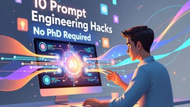 Thumbnail showing a professional using AI with floating text '10 Prompt Engineering Hacks' and 'No PhD Required'.