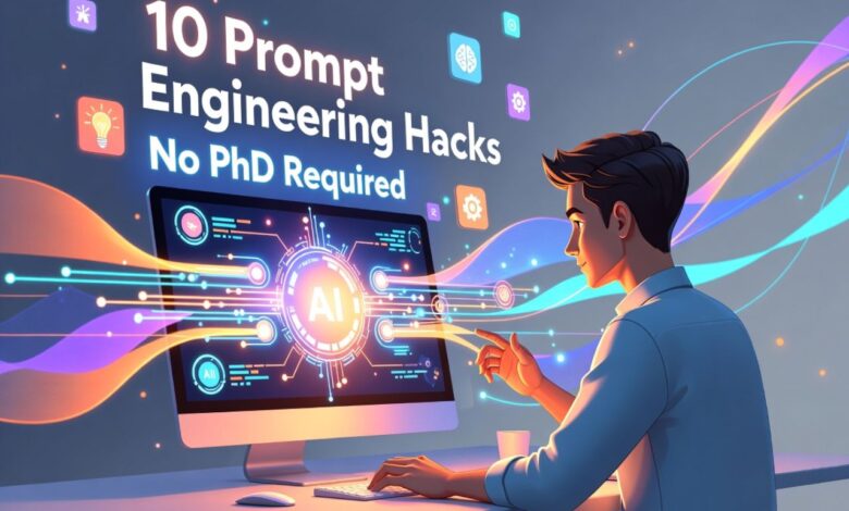 Thumbnail showing a professional using AI with floating text '10 Prompt Engineering Hacks' and 'No PhD Required'.