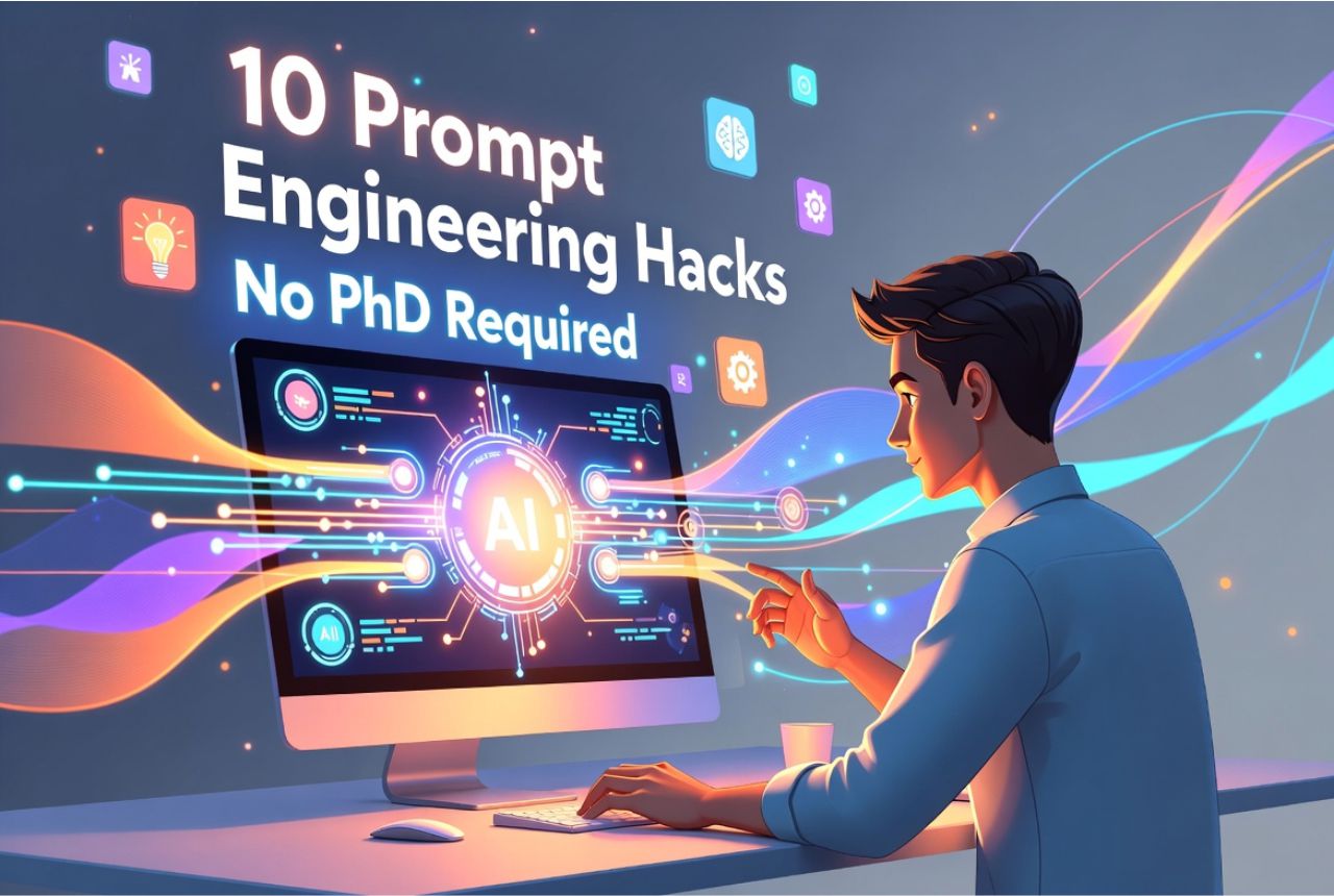 Thumbnail showing a professional using AI with floating text '10 Prompt Engineering Hacks' and 'No PhD Required'."