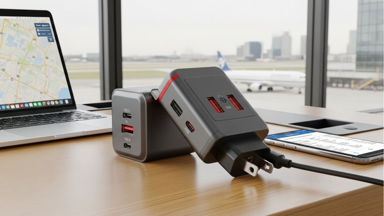 Foldable universal travel adapter with USB ports, perfect for international trips.