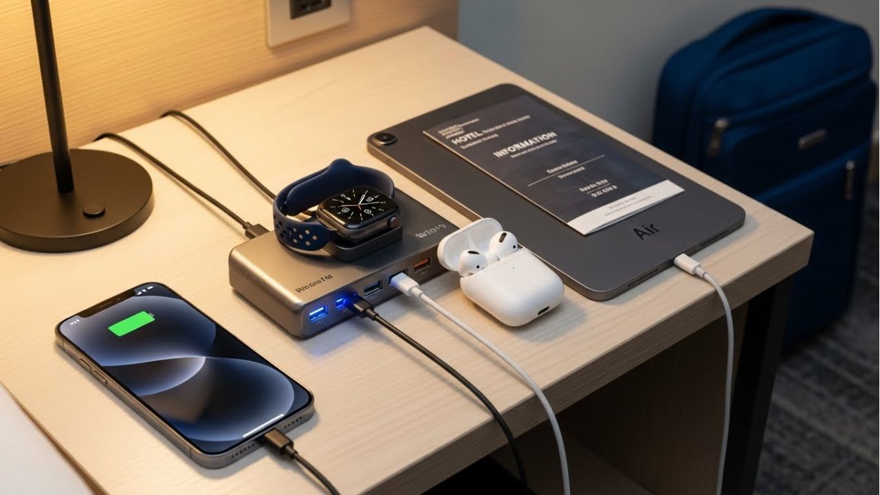 Multi-port USB charging hub powering multiple devices at once, ideal for travelers.