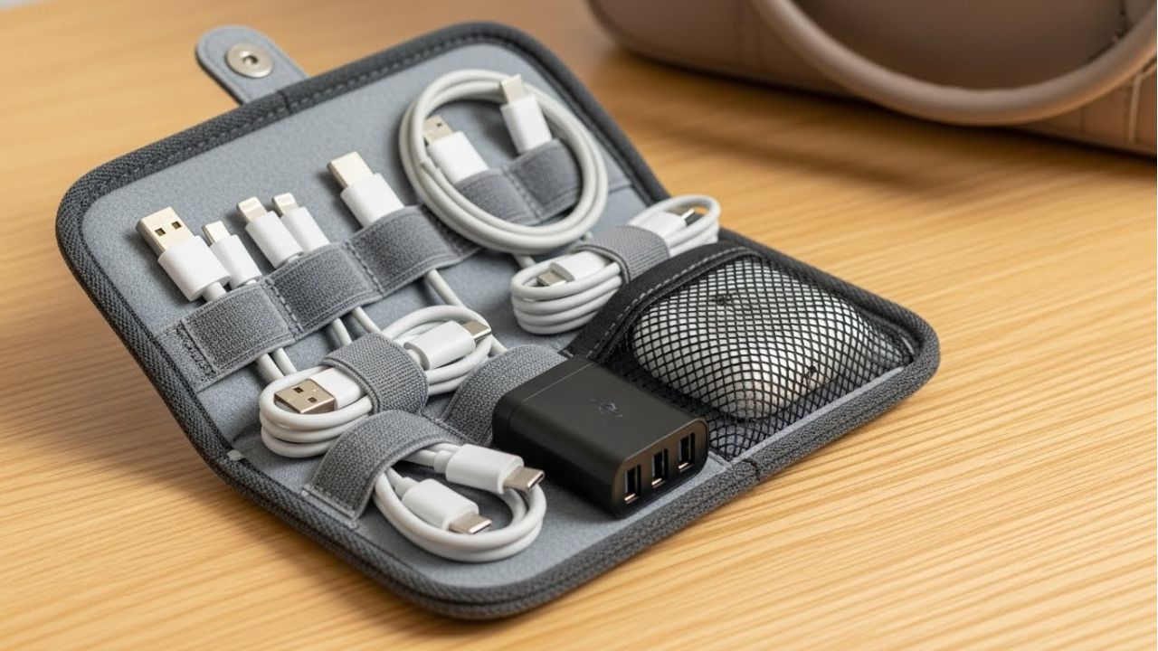 Compact cable organizer keeping chargers and cables neat and tangle-free.