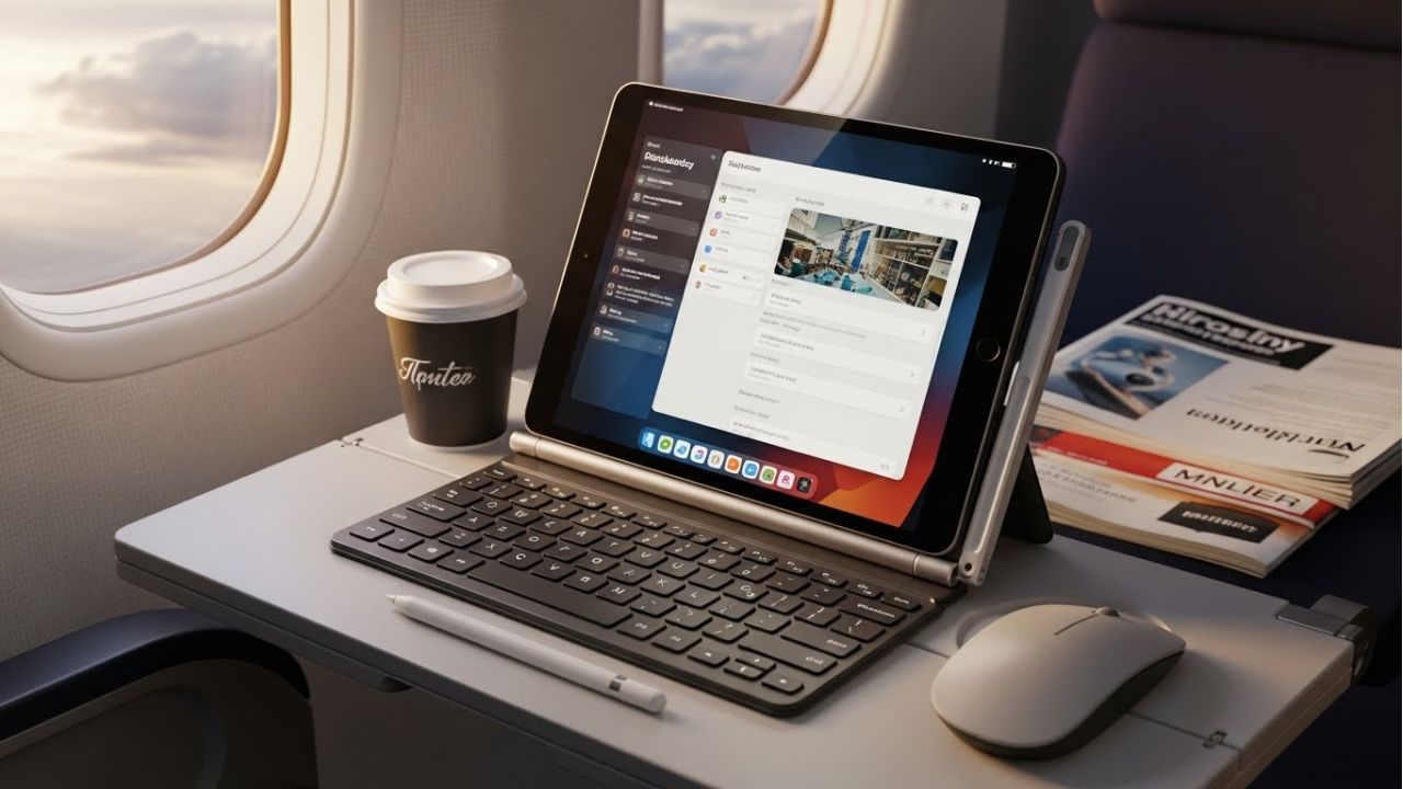 Foldable travel keyboard and stand turning a tablet into a mini workstation.