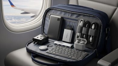 Thumbnail showing a personal item bag packed with 7 compact travel gadgets including power bank, adapter, and earbuds.