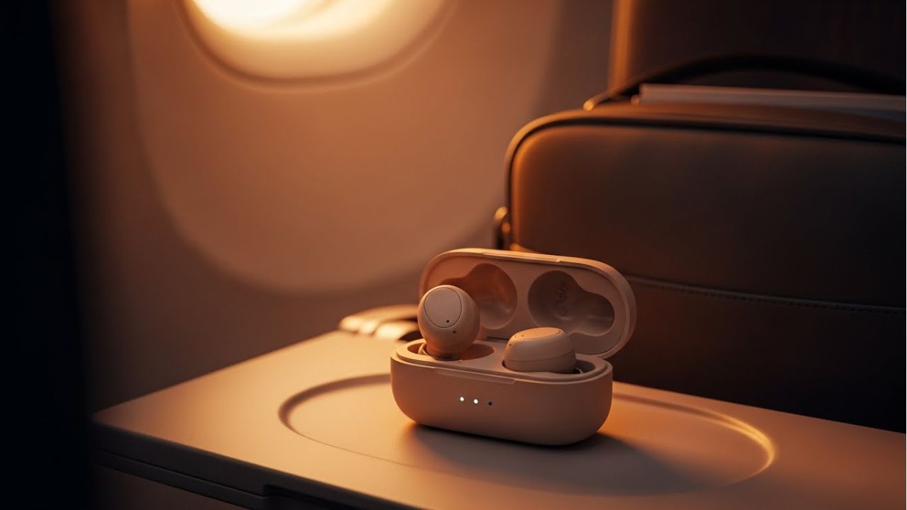 Noise-reducing travel earbuds with compact case, perfect for flights.