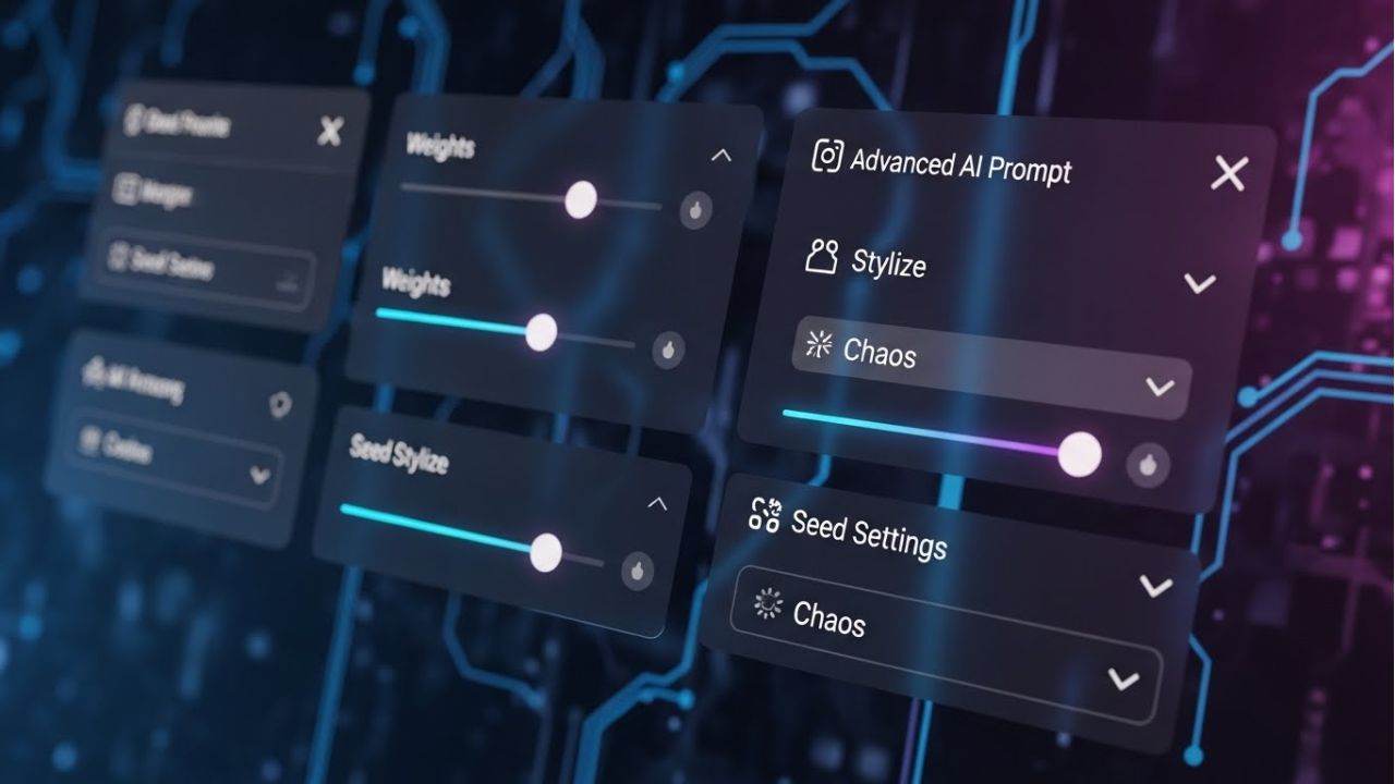 Visual guide illustrating advanced MidJourney prompt tweaks like weights, stylize, and chaos settings.