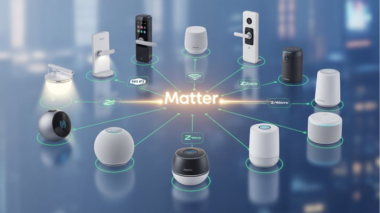 Illustration showing Matter standard connecting multiple smart home devices from different brands, solving compatibility problems.