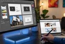 Modern Photoshop workspace displaying multiple realistic mockup templates with shadows, textures, and smart objects.