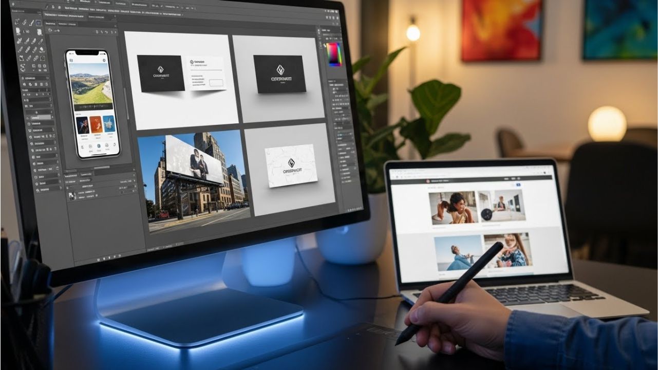 Modern Photoshop workspace displaying multiple realistic mockup templates with shadows, textures, and smart objects.