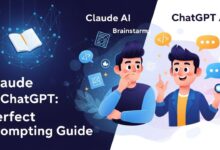 Illustration showing Claude AI and ChatGPT AI side by side with creative and research icons, representing AI prompt comparison.