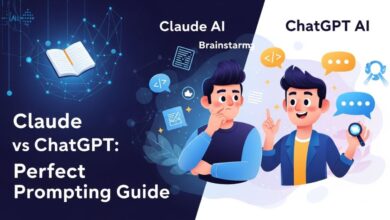 Illustration showing Claude AI and ChatGPT AI side by side with creative and research icons, representing AI prompt comparison.