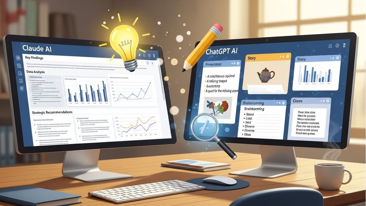 Side-by-side AI prompt comparison showing Claude AI with structured outputs and ChatGPT AI with creative outputs.