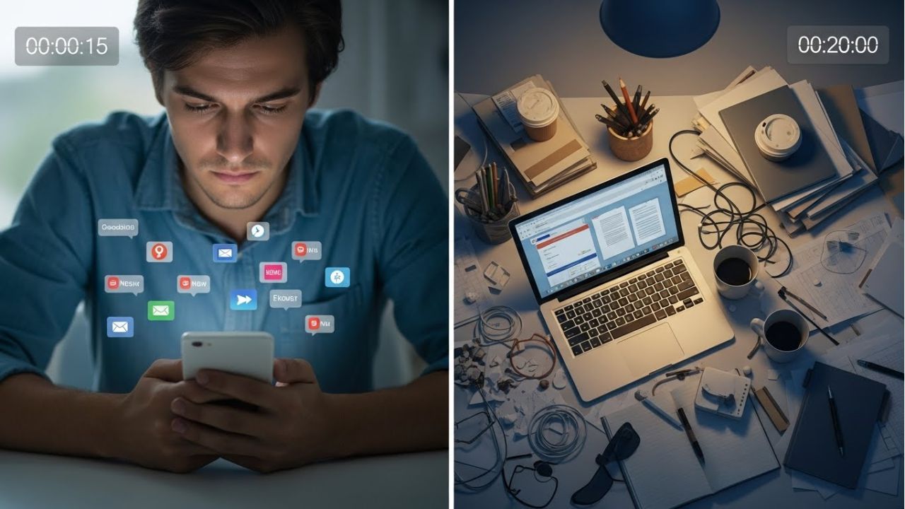 Person distracted and messy desk with unfinished tasks, illustrating why the Pomodoro Technique fails.
