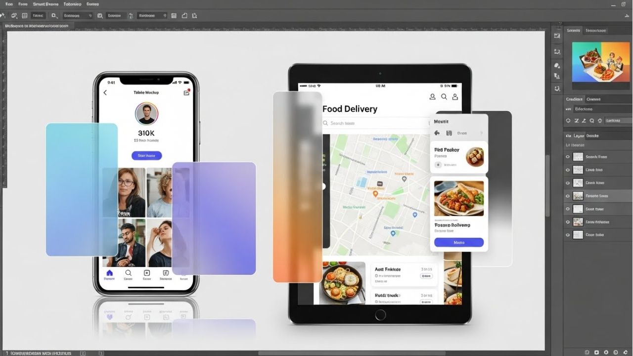 UI/UX mockup in Photoshop with device frames, reflections, and advanced visual effects