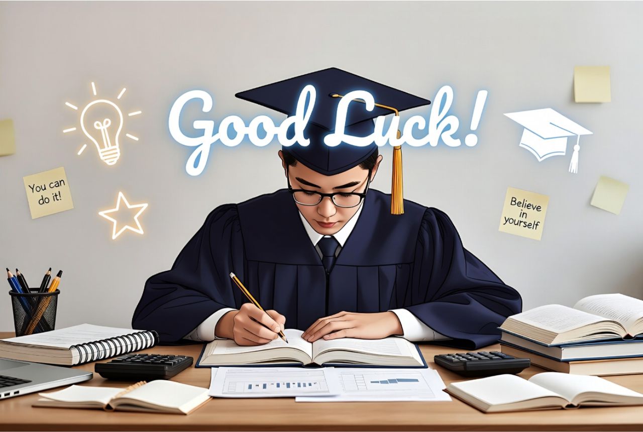 “Cheerful student studying at a desk with books and notes, glowing ‘Good Luck!’ message above, graduation cap nearby.”