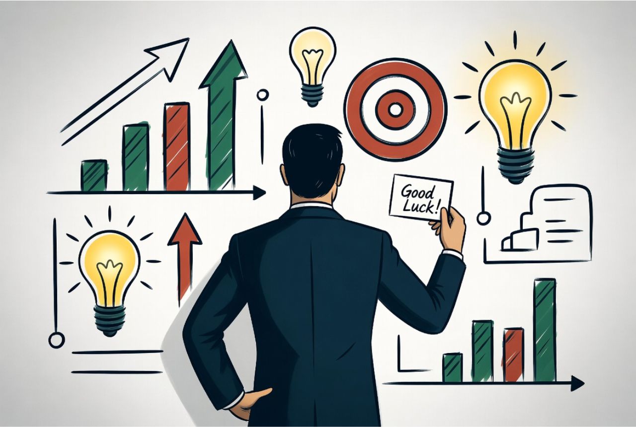 “Entrepreneur in front of a whiteboard with business plans holding a ‘Good Luck!’ card, surrounded by growth symbols and glowing light bulbs.”