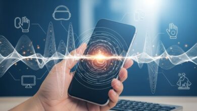 Illustration of a hand holding a smartphone with digital vibrations, representing haptics and touch technology across devices.