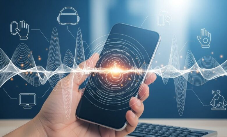 Illustration of a hand holding a smartphone with digital vibrations, representing haptics and touch technology across devices.