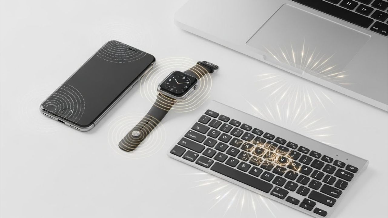 Smartphone, smartwatch, keyboard, and laptop showing haptic feedback used in daily technology.
