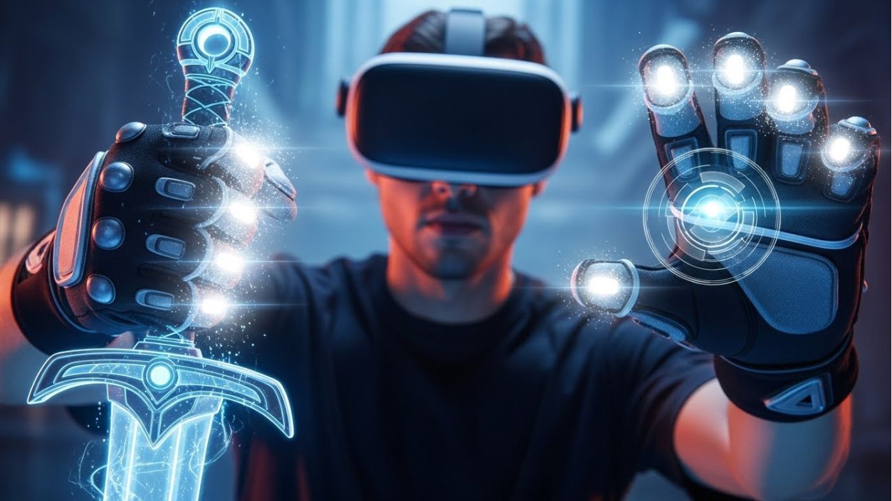 Gamer using VR headset and haptic gloves experiencing tactile feedback in immersive virtual reality.