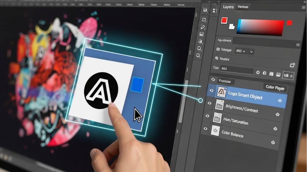 Photoshop interface showing a smart object layer being edited for a professional mockup design.