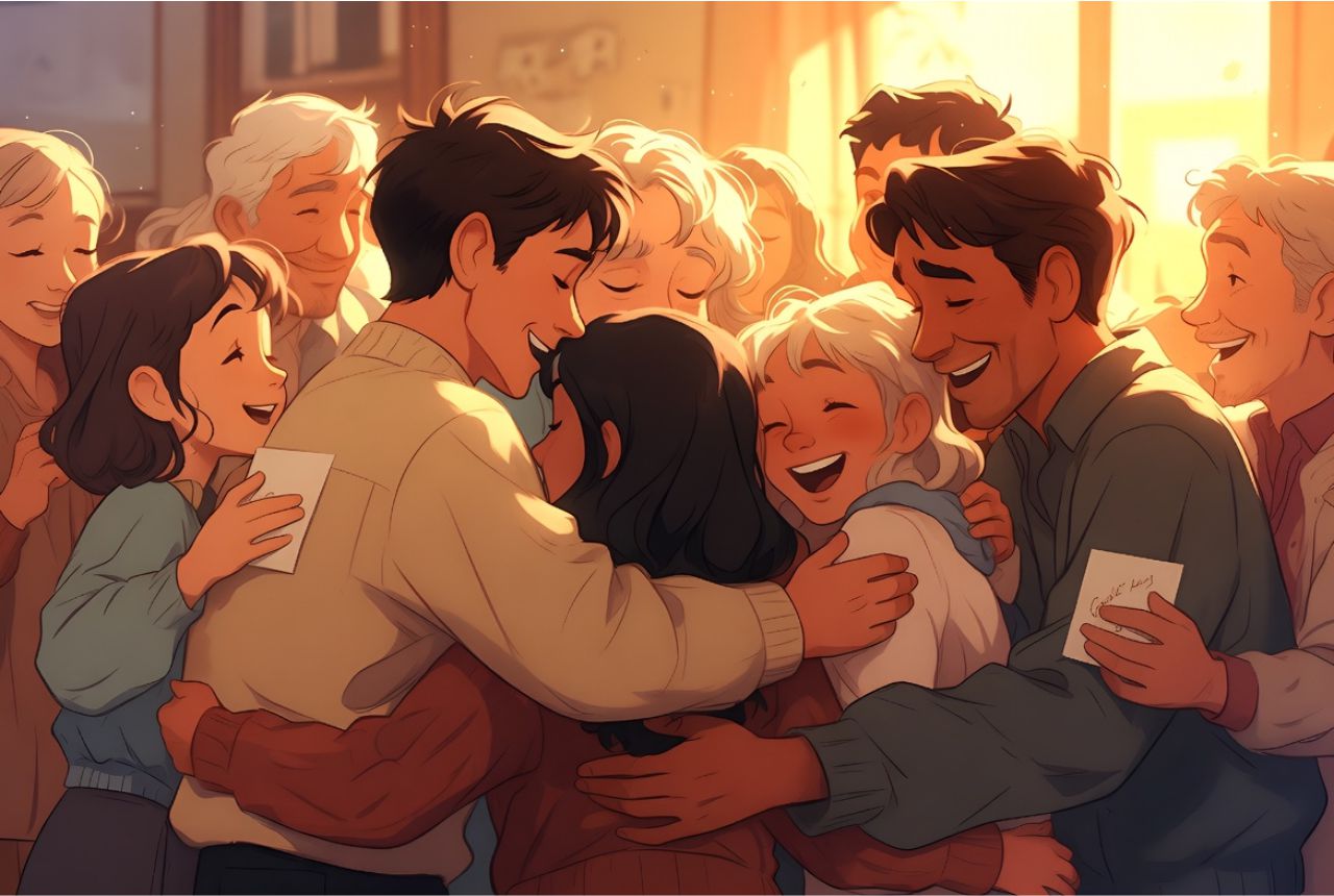 “Friends and family hugging and smiling, holding small cards with ‘Good Luck,’ warm and heartwarming home scene.”