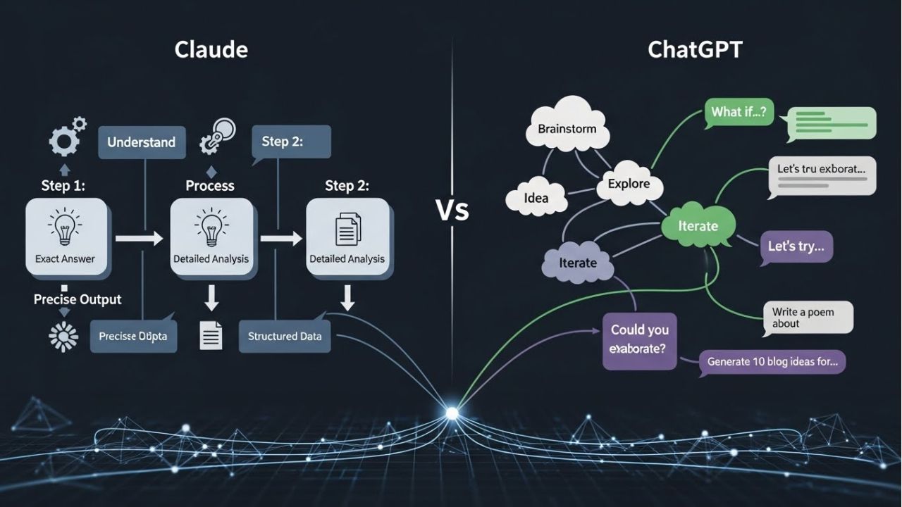 Infographic showing how Claude AI follows structured prompts and ChatGPT AI responds to open-ended creative prompts.