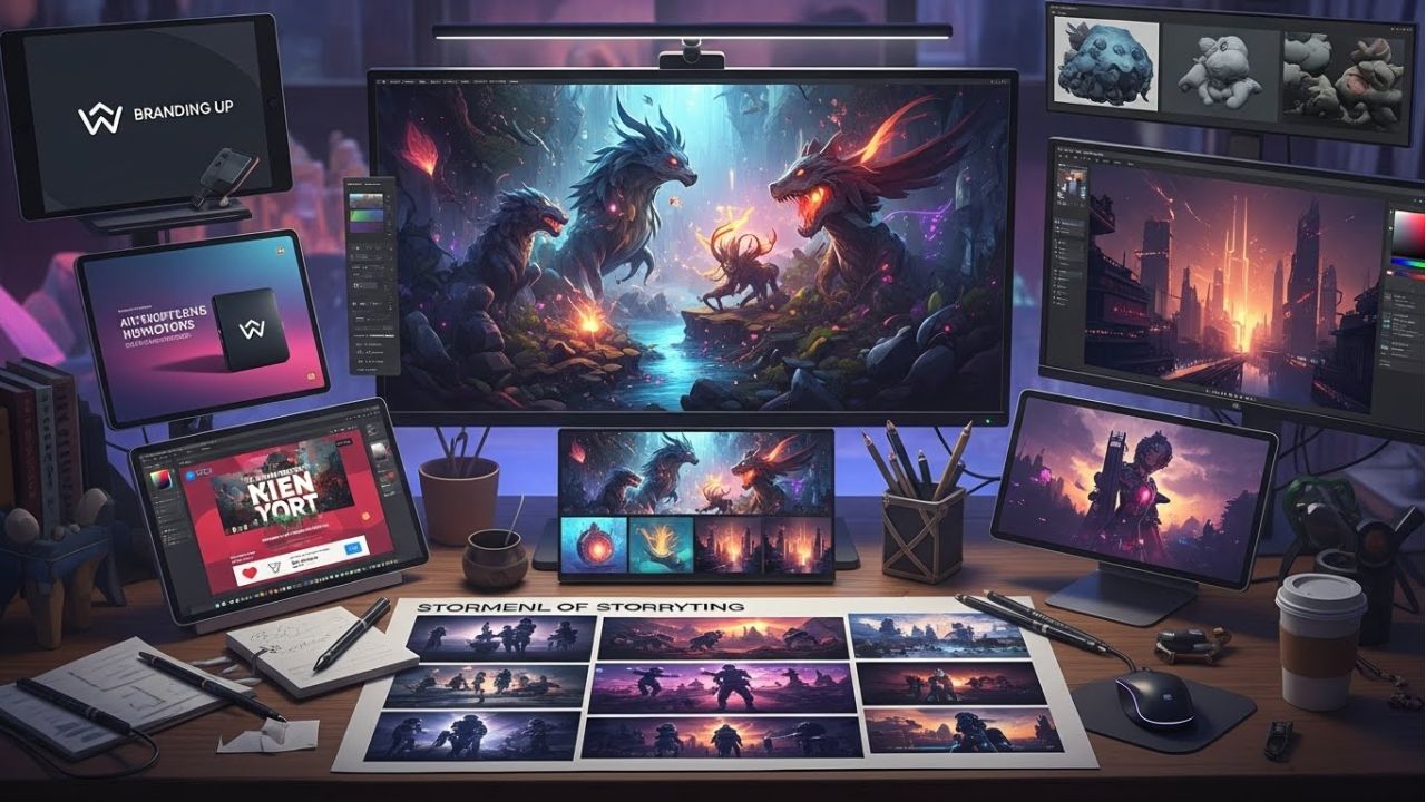 Illustration showing MidJourney prompts applied to art, marketing, branding, and concept storytelling.