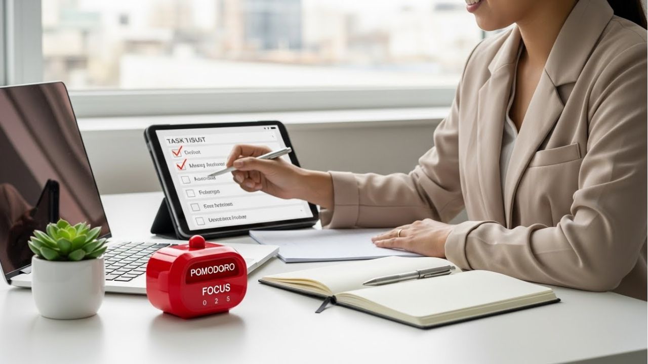 Organized desk with Pomodoro timer and focused person, illustrating productive tweaks to the technique.