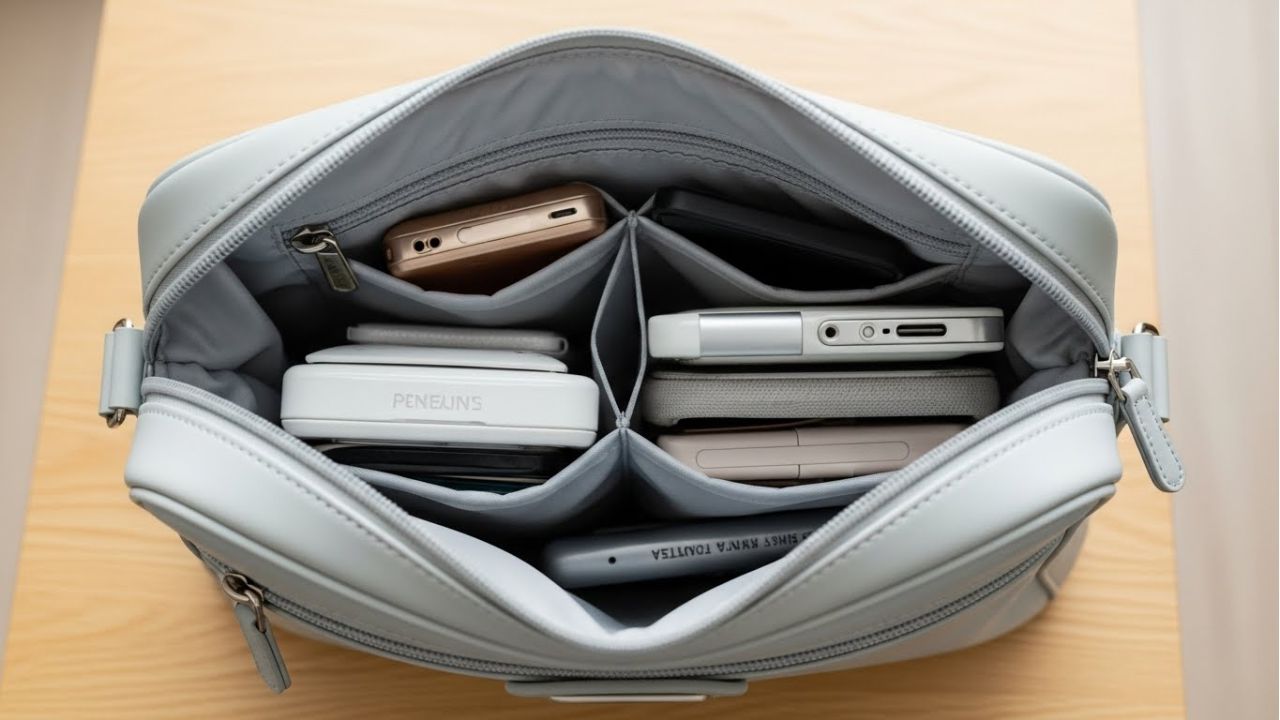 Personal item bag neatly packed with compact travel gadgets using smart organization techniques.