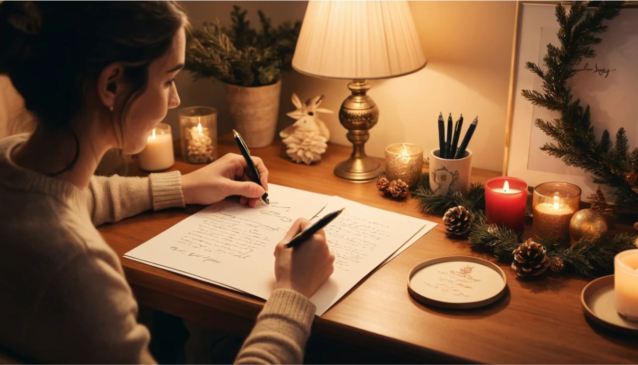 Person crafting a personalized warm holiday wish at a cozy desk