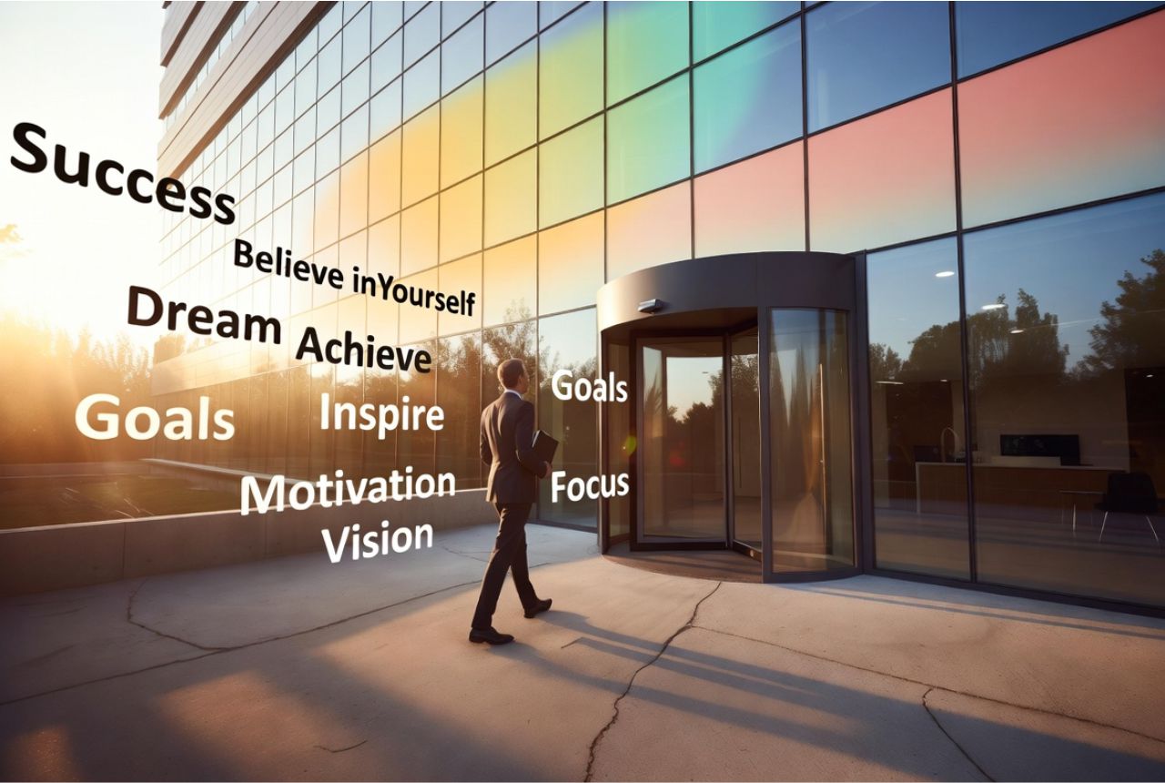 “Confident professional walking into office building holding portfolio, with floating inspirational words like ‘Success’ and ‘Believe in Yourself’.”