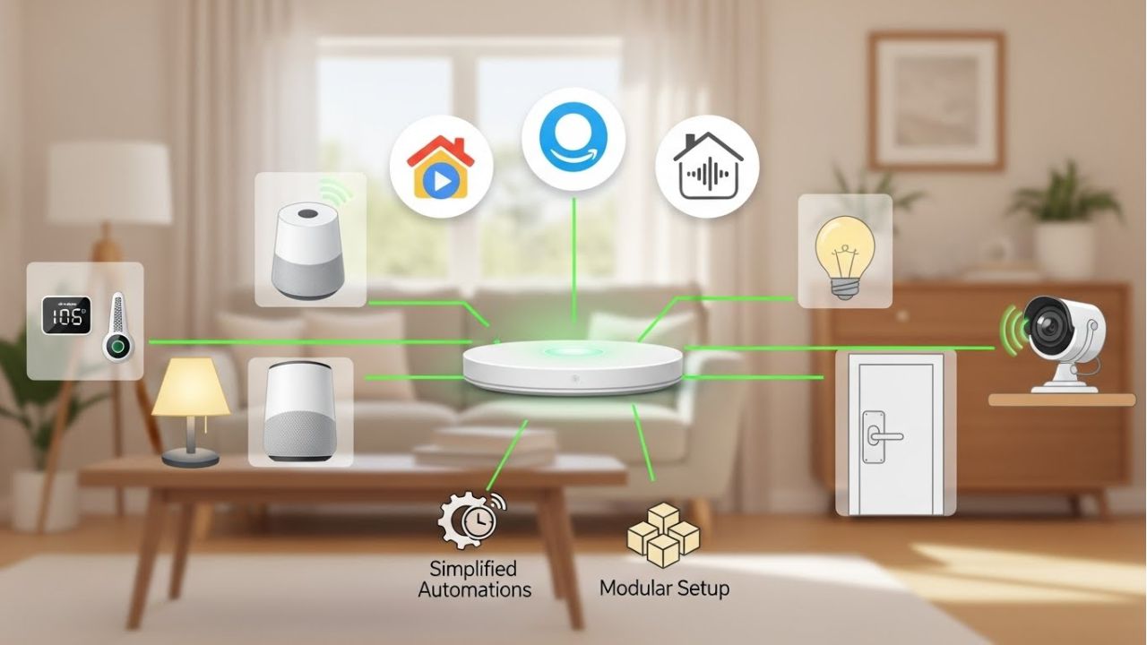 Smart home illustration showing future-proof IoT setup with smooth communication, hub, and ecosystem support.