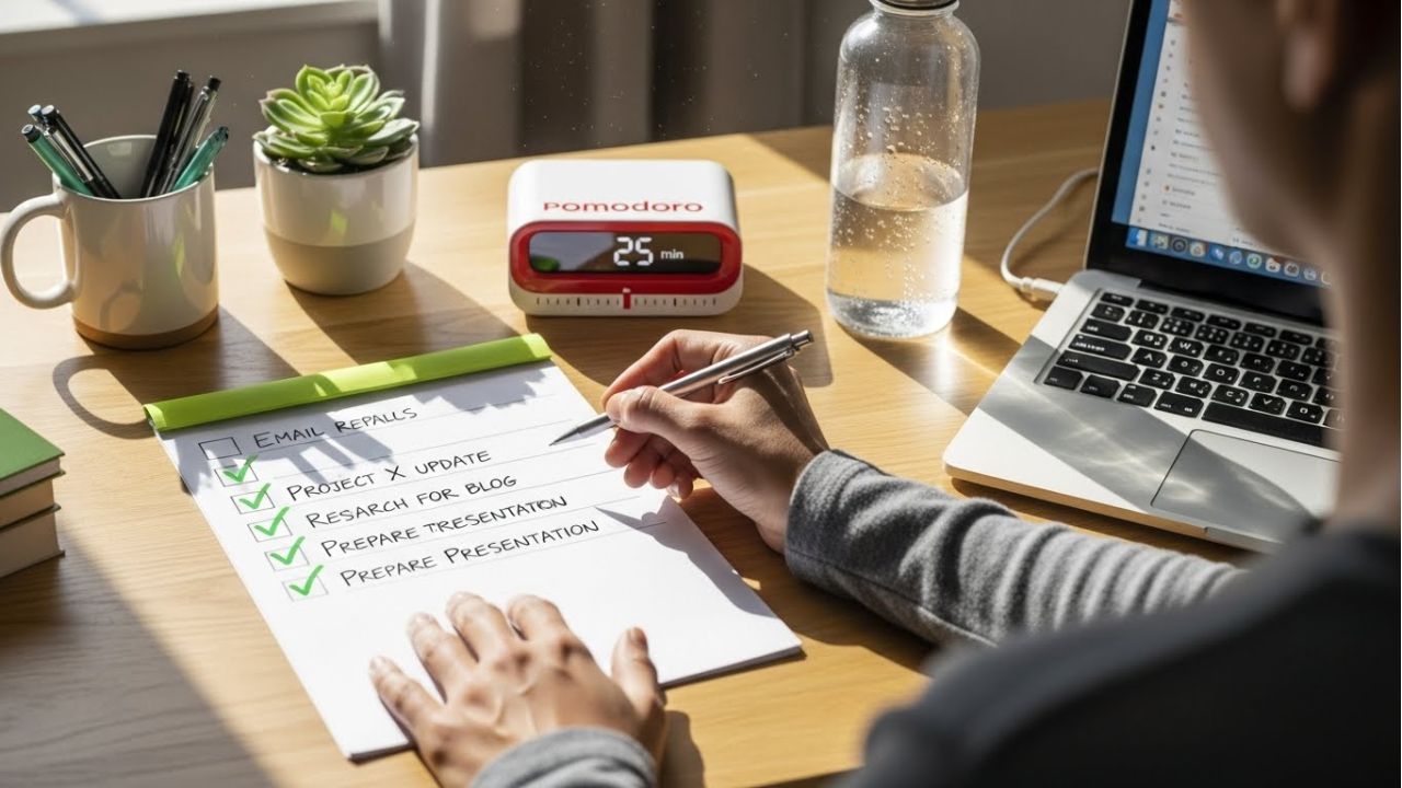 Person checking off tasks with Pomodoro timer on desk, representing productivity tips in action.