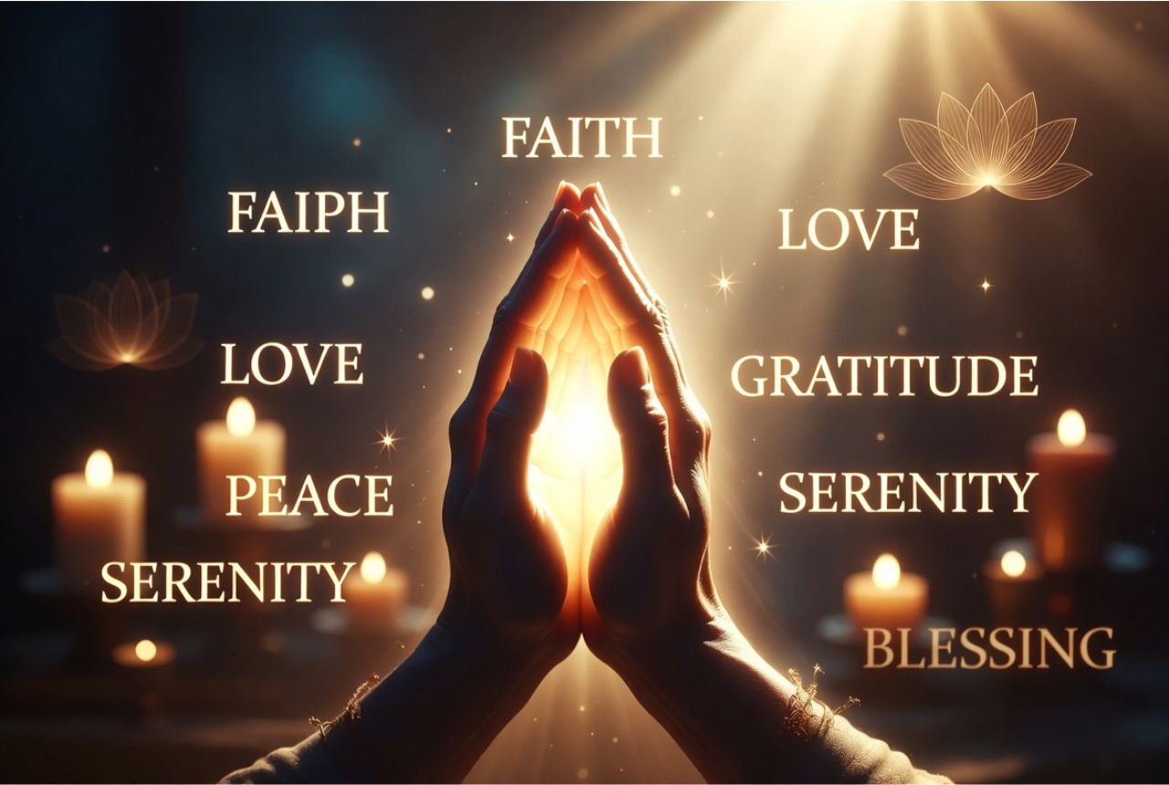 “Hands in prayer surrounded by soft glowing light, candles, and spiritual symbols conveying faith, hope, and blessings.”