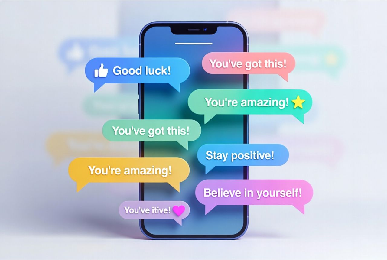 “Smartphone screen showing colorful short good luck messages in chat bubbles with hearts and stars icons.”